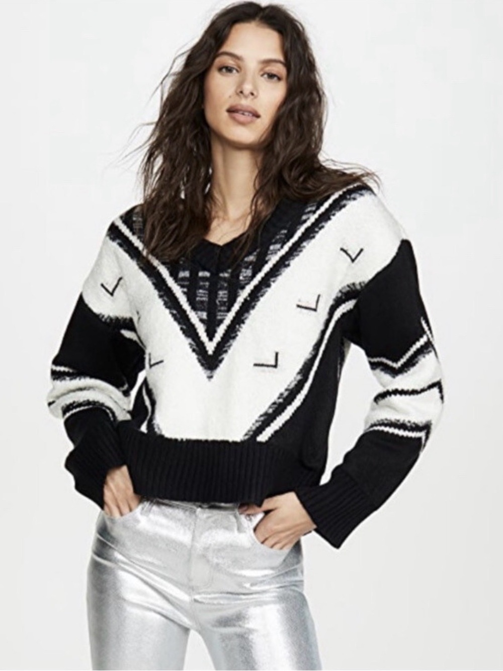 Line and Dot Black and White V-Neck Patterned Women's Sweater